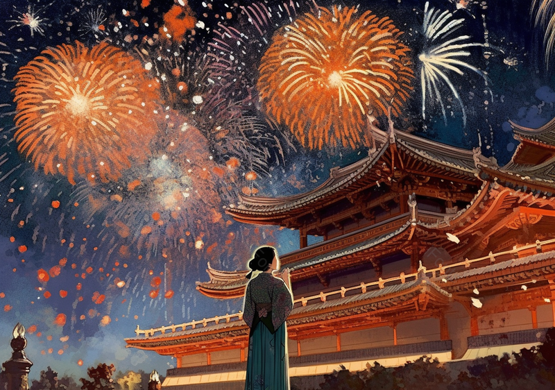 一女子抬头赏烟花中华文化历史文化建筑殿堂阁楼祥云中国风国潮风古典复古插画,插画/手绘图,插画/手绘图库,插画/手绘图下载,插画/手绘